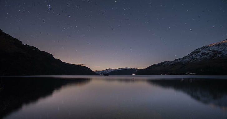 photo of calm body of water at night, loch lomond, loch lomond, Loch Lomond, at night, photo, calm, body of water, boat, camp, canoe, castle  island  Scotland, Exploring, wide  angle, samyang, Isle, Vow, star - Space, night, mountain, lake, astronomy, milky Way, nature, galaxy, sky, landscape, reflection, scenics, constellation, blue, outdoors, water, HD wallpaper