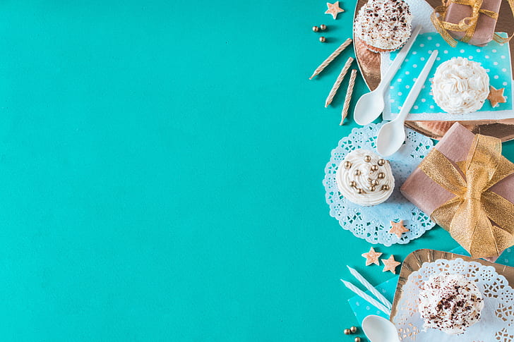 background, gift, blue, dessert, decor, cupcakes, Birthday, HD wallpaper