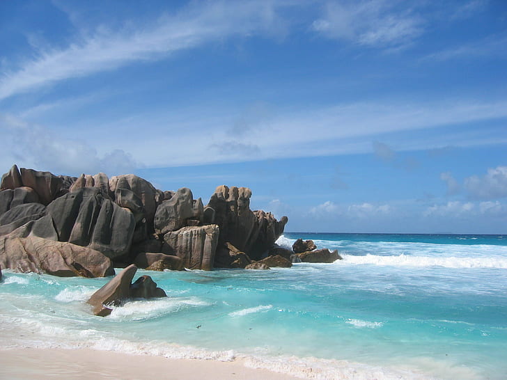 beach shore with stone cliff during day time, la digue, seychelles, la digue, seychelles, Beach, View, La Digue, Seychelles, shore, stone, cliff, day, time, sea, nature, sand, coastline, vacations, summer, tropical Climate, wave, blue, landscape, scenics, island, travel, water, sky, rock - Object, HD wallpaper
