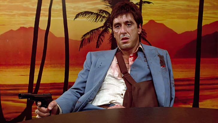 Człowiek z blizną, Tony Montana, Al Pacino, filmy, kadry filmowe, pistolet, palmy, temblak, Miami, Tapety HD