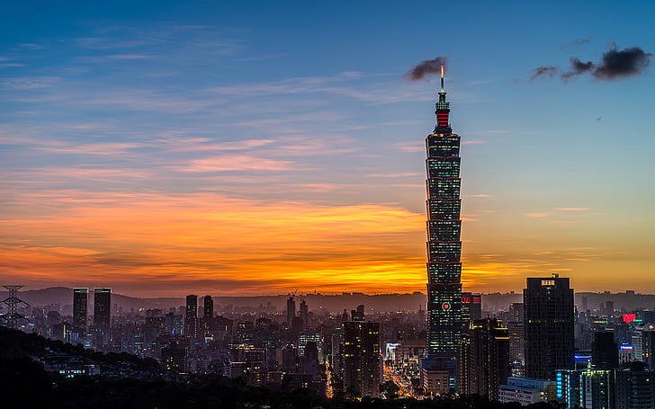 Taiwan byggnader skyskrapor solnedgång HD, solnedgång, byggnader, stadsbild, skyskrapor, taiwan, HD tapet