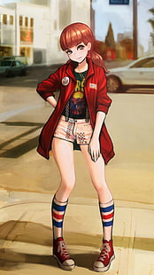 жена, облечена в червена жилетка с дълги ръкави и бежови шорти, аниме, аниме момичета, шорти, високи до коляното, дълга коса, брюнетка, улица, кафяви очи, HD тапет HD wallpaper