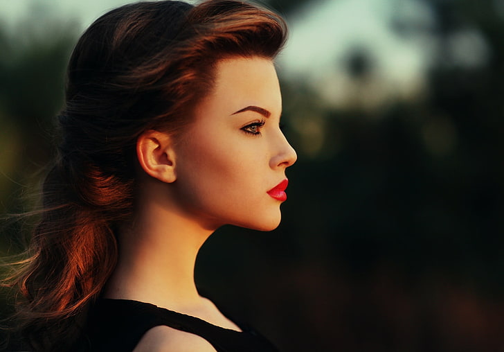 wanita, rambut panjang, wajah, profil, lipstik merah, Wallpaper HD