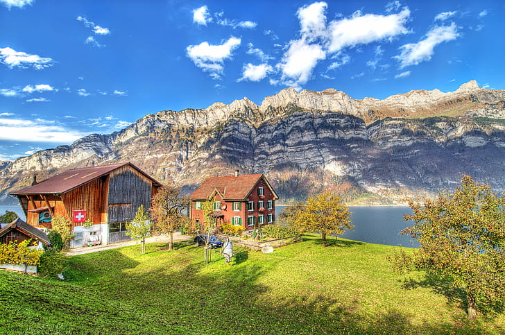 brown wooden house beside green tree, Calm, place to live, live 2, house, green tree, hdr, photomatix, nikon  d300, wideangle, walensee, switzerland, lake, houses, barn, wood, trees, mountain, clouds, sky, flag, autumn, autumnal, fall, quarten, european Alps, nature, outdoors, summer, landscape, europe, village, blue, HD wallpaper