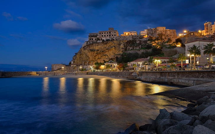 Pizzo Calabro, noche, luces, Calabria, Italia, mar, costa, pueblo, ciudad, paisaje, Fondo de pantalla HD