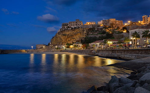 ピッツォカラブロ、夜、ライト、カラブリア、イタリア、海、海岸、町、都市、風景、 HDデスクトップの壁紙 HD wallpaper