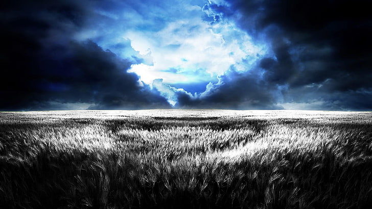 thunder, photoshop, stormy, photo manipulation, wheat field, cloudy, field, landscape, bluish, HD wallpaper