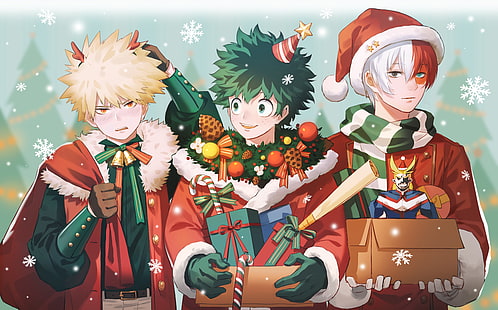 Anime, My Hero Academia, Christmas, Gift, Izuku Midoriya, Katsuki Bakugou, Shoto Todoroki, Snow, HD tapet HD wallpaper
