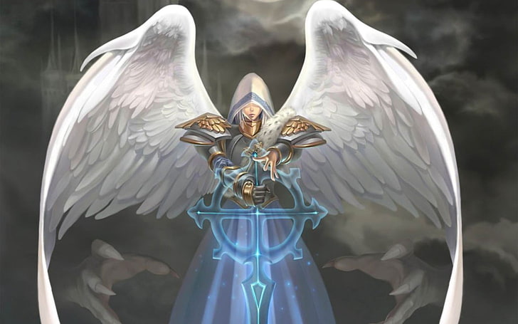 karakter malaikat memegang ilustrasi pedang, pahlawan kekuatan dan sihir, prajurit, armor, pedang, sayap, Wallpaper HD