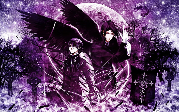 kuroshitsuji, sebastian, ciel, dark wings, moon, Anime, HD wallpaper