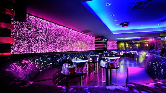 baile, barra, discoteca, interior, luces, neon, pista, taburetes, HD wallpaper HD wallpaper