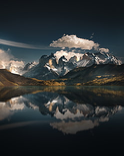 montagna bianca, montagne, lago, parco nazionale, riflesso, torres del paine, Cile, Sfondo HD HD wallpaper