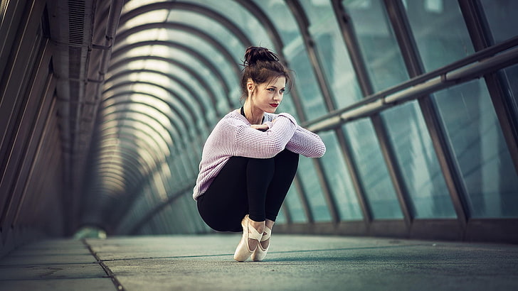 brunette, model, women, looking away, photography, red lipstick, bridge, glass, railing, tights, tight clothing, road, HD wallpaper