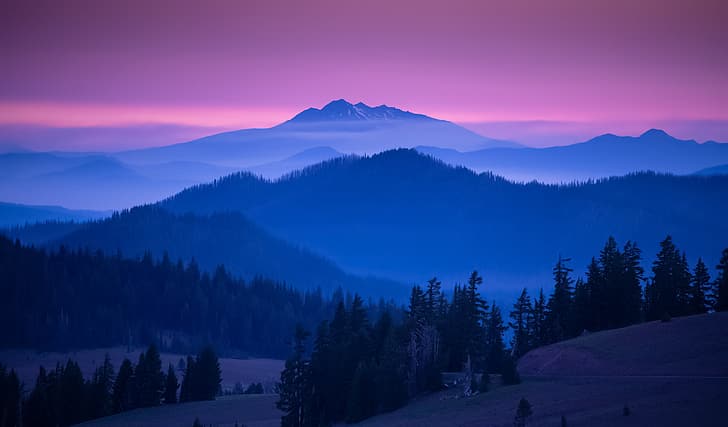 John S, landscape, sky, purple sky, colorful, horizon, sunset, mist, mountains, trees, nature, HD wallpaper