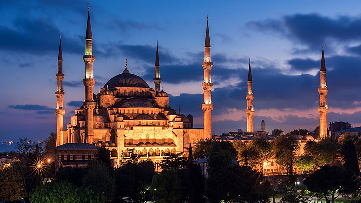 meczet sułtana ahmeda, meczet, punkt orientacyjny, atrakcja turystyczna, miejsce historyczne, miejsce kultu, architektura bizantyjska, budynek, świt, iglica, stambuł, turcja, Tapety HD