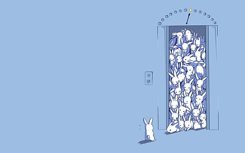 papel pintado de conejo blanco en elevador, elevador, conejos, humor, simple, minimalismo, azul, obra de arte, Fondo de pantalla HD HD wallpaper