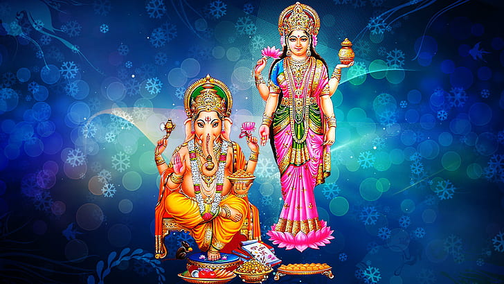 Dea Laxmi e Lord Ganesh sfondo decorativo blu con fiocchi di neve Hd Wallpaper 1920 × 1080, Sfondo HD