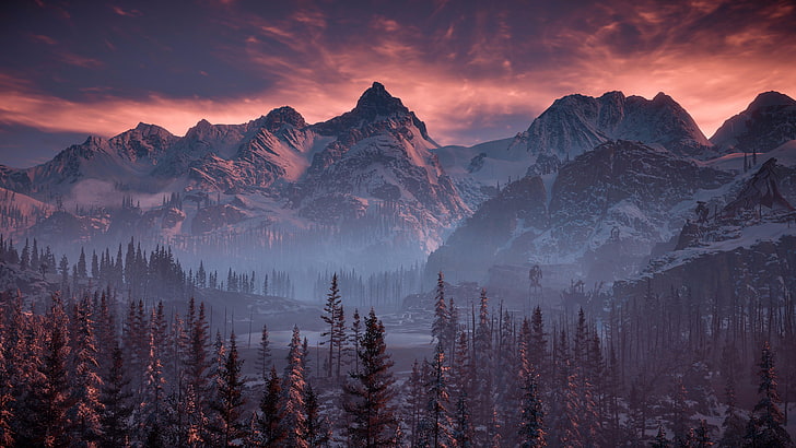 árvores e montanhas, silhueta de cartaz de montanhas e árvores, Horizon: Zero Dawn, neve, montanhas, videogames, paisagem, pôr do sol, árvores, floresta, névoa, nuvens, rio, HD papel de parede