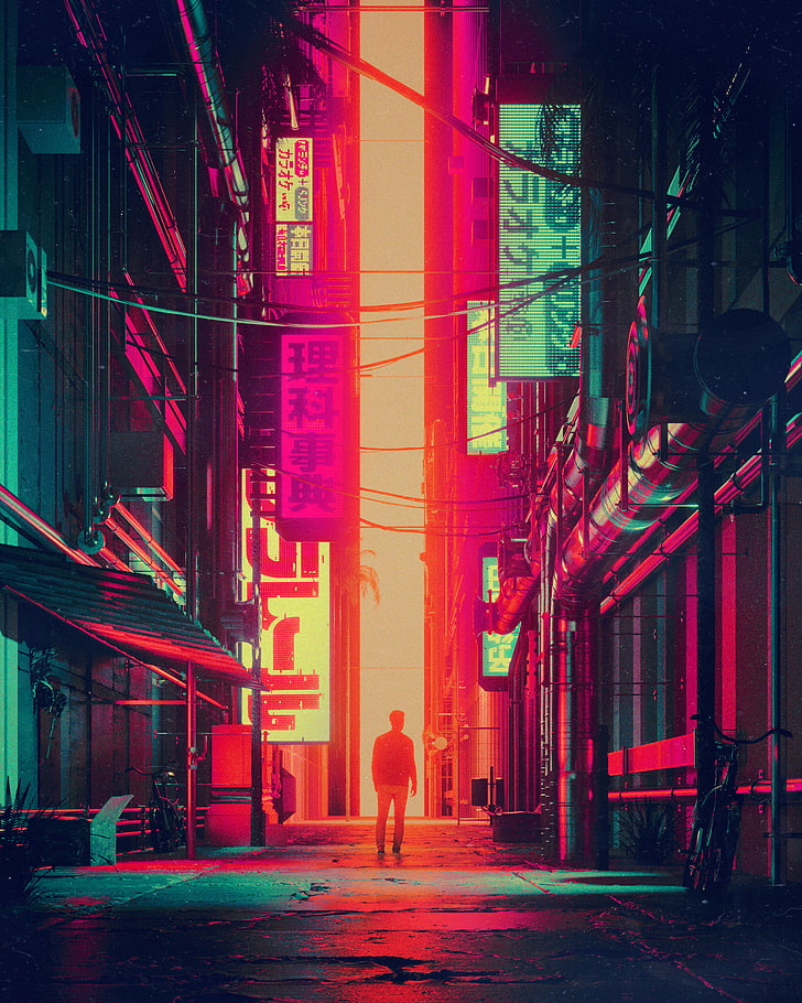 homme debout entre les bâtiments papier peint, silhouette, ville, rue, art, futurisme, Fond d'écran HD, fond d'écran de téléphone