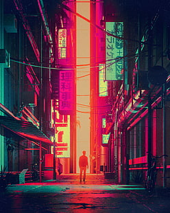 homme debout entre les bâtiments papier peint, silhouette, ville, rue, art, futurisme, Fond d'écran HD HD wallpaper