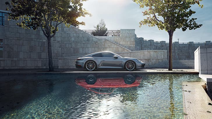 машина, вода, стил, отражение, спорт, поколение, Porsche 911 Carrera S, 992, 2019, HD тапет