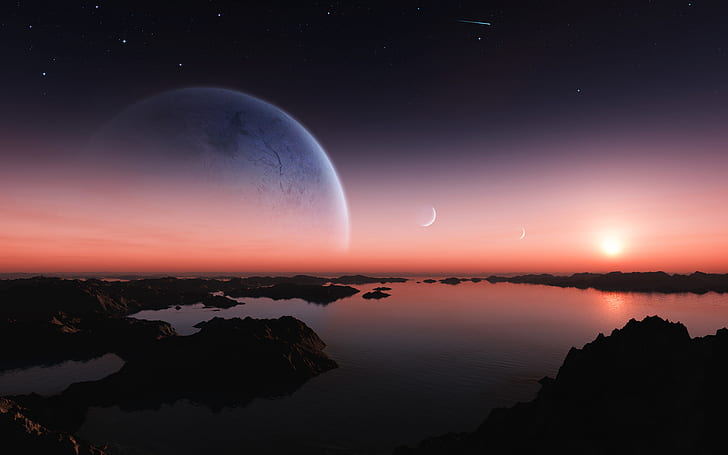 Alien Landscape Planet Stars Night Sunset HD, фантазия, пейзаж, залез, нощ, звезди, планета, извънземен, HD тапет