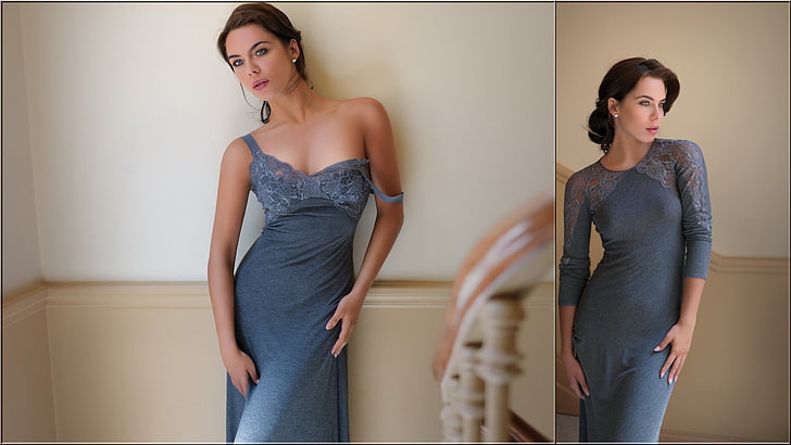 женский серый спагетти-ремень с коллажем, Liliana Matthäus, платье, брюнетка, обнаженные плечи, коллаж, женщины, макияж, модель, HD обои