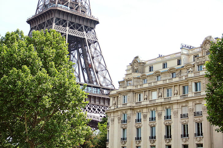 La tour Eiffel, Paryż, La tour Eiffel, Wieża Eiffla, Paryż, Francja, architektura, budynek, dom, drzewa, zielone miasto, najlepiej, Tapety HD