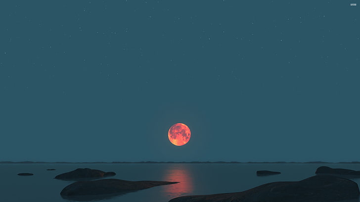 red and orange moon, landscape photograph of blood moon, moonlight, sea, nature, water, sky, Red moon, HD wallpaper