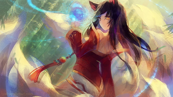 wallpaper karakter anime, League of Legends, fox girl, Ahri, Wallpaper HD