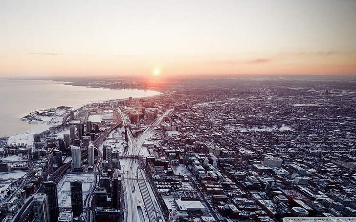 city skyline during daytime, aerial view, Toronto, city, long exposure, skyscraper, sunset, HD wallpaper