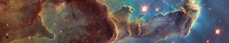 brown and blue nebula, Pillars of Creation, ESA, space, nebula, galaxy, stars, suns, triple screen, multiple display, HD wallpaper
