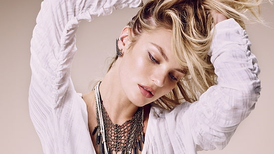 Candice Swanepoel, жени, модел, блондинка, лице, портрет, колие, грим, вдигнати ръце, HD тапет HD wallpaper