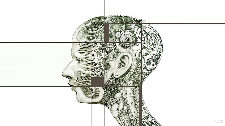 menschlicher Kopf mit Gangillustration, Zusammenfassung, Gesicht, Uhrwerk, HD-Hintergrundbild
