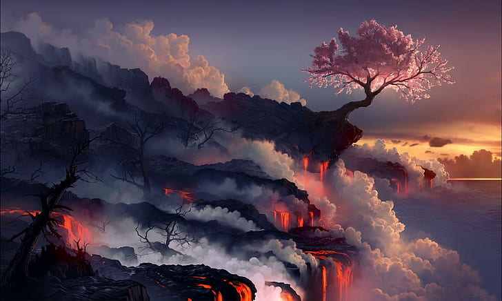 Ausbruch, Lava, Vulkan, orientalische Kirsche, Baum, rosa Laubbaum, Ausbruch, Lava, Vulkan, orientalische Kirsche, Baum, HD-Hintergrundbild