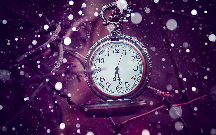 silver-colored pocket watch, clock, time, lilac, HD wallpaper