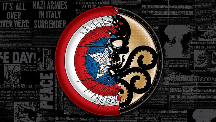 Logo Marvel Captain America, The Avengers, Captain America: Le soldat de l'hiver, typographie, Seconde Guerre mondiale, journaux, fissuré, bouclier, Hydra (bande dessinée), Fond d'écran HD