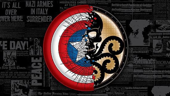 Marvel Captain America logo, The Avengers, Captain America: The Winter Soldier, tipografia, seconda guerra mondiale, giornali, crackizzati, scudo, Hydra (fumetto), Sfondo HD HD wallpaper
