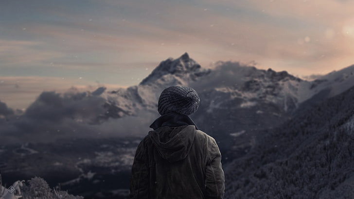 남자의 회색 니트 모자, 에베레스트 산, 구름, 혼자, 안개, HD 배경 화면