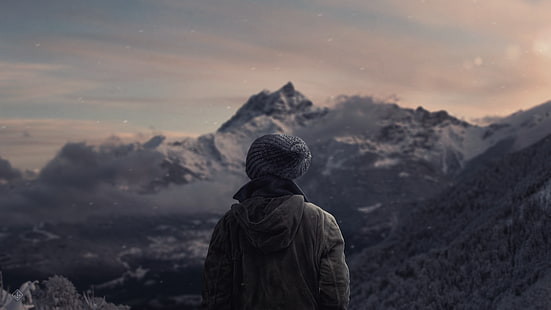 남자의 회색 니트 모자, 에베레스트 산, 구름, 혼자, 안개, HD 배경 화면 HD wallpaper