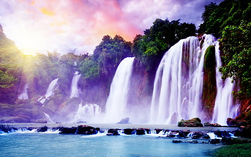 Superb Waterfall, waterfalls wallpaper, water, purple, landscape, background, image, pics, HD wallpaper HD wallpaper