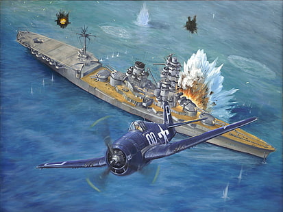 tapeta pancernika i samolotu, morze, niebo, woda, atak, postać, eksplozje, myśliwiec, sztuka, amerykański, statek liniowy, WW2, Grumman F6F Hellcat, Tapety HD HD wallpaper