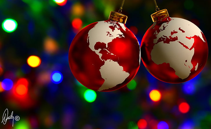 Happy New Year World 2014, two white-and-red baubles, Holidays, New Year, Colorful, Happy, World, Ornaments, bokeh, 2014, Worldwide, HD wallpaper