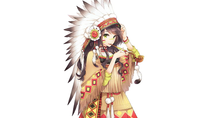 Anime Girls, Headdress, Native Americans, anime girls, headdress, native americans, 3500x1969, HD wallpaper