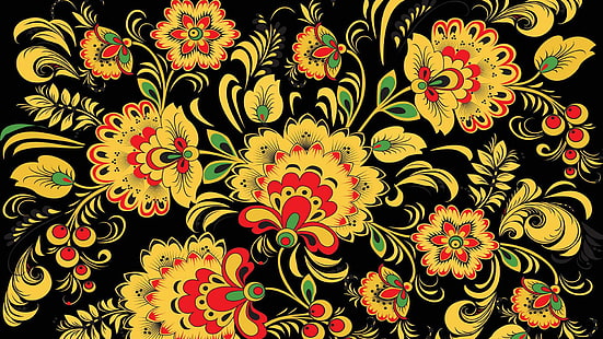Pola khokhloma, lukisan seni bunga kuning putih dan hitam, abstrak, 1920x1080, pola, khokhloma, Wallpaper HD HD wallpaper