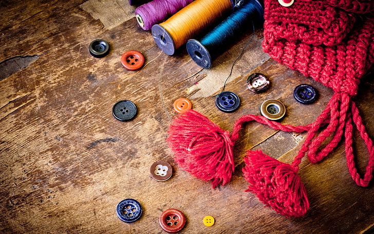 assorted button lot and red knit textile, buttons, thread, hat, old, table, HD wallpaper