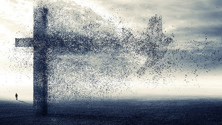Taube zerfiel von einem Kreuz, Querillustration, digitale Kunst, 1920x1080, Vogel, Taube, Kreuz, HD-Hintergrundbild