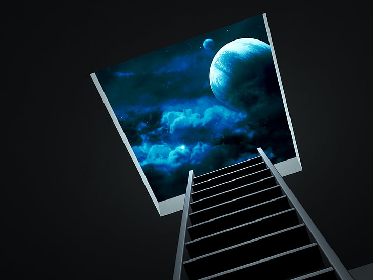 gray ladder illustration, the sky, stars, night, the moon, planet, ladder, HD wallpaper