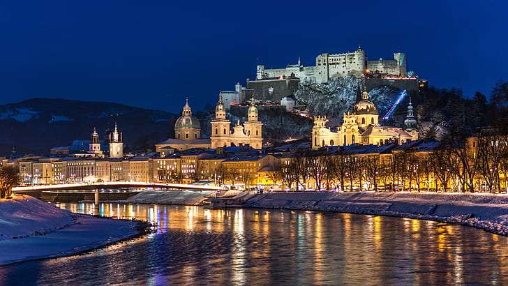 City night, Salzburg, Austria, river, winter, snow, houses, lights, City, Night, Salzburg, Austria, River, Winter, Snow, Houses, Lights, HD wallpaper