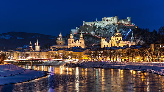 Noc miasta, Salzburg, Austria, rzeka, zima, śnieg, domy, światła, miasto, noc, Salzburg, Austria, rzeka, zima, śnieg, domy, światła, Tapety HD HD wallpaper